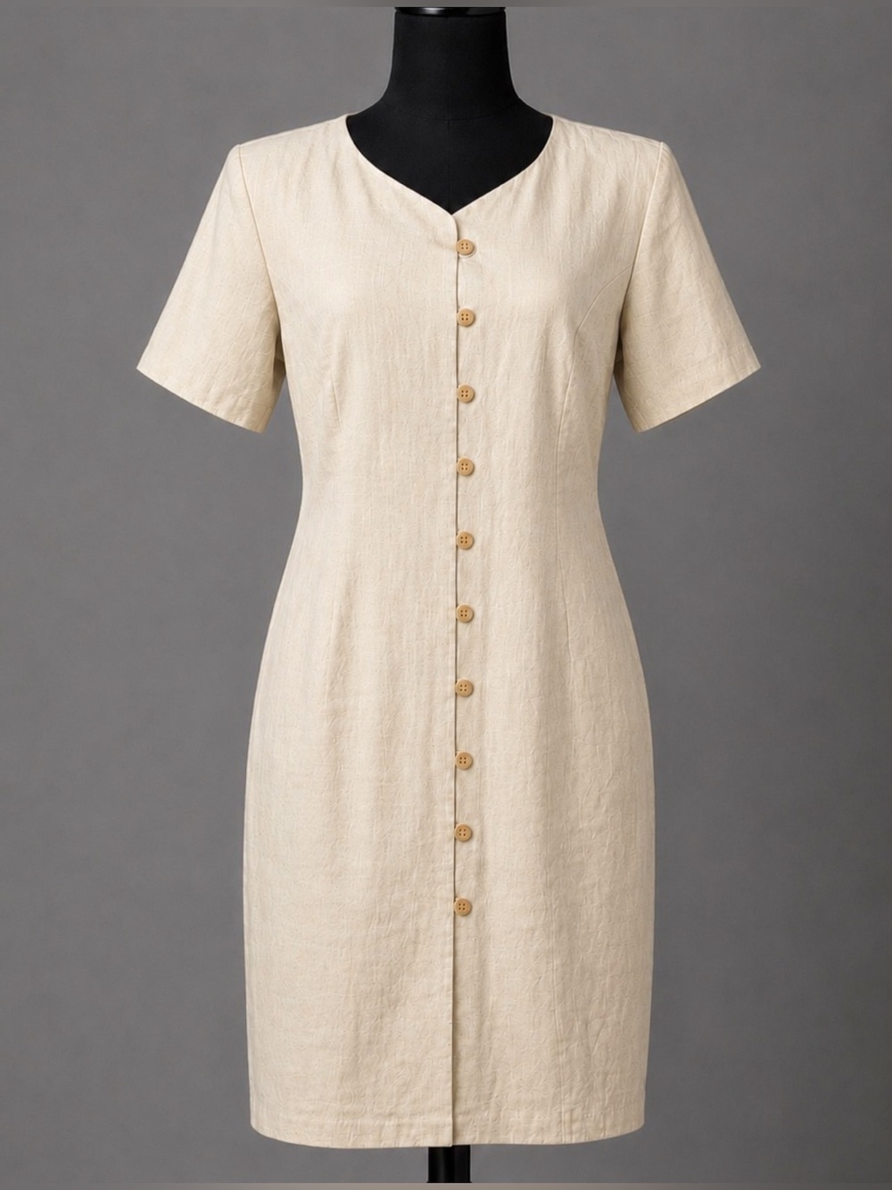 Vintage NY Sake linen button front dress. Vintage 80s- light shoulder pads- 12